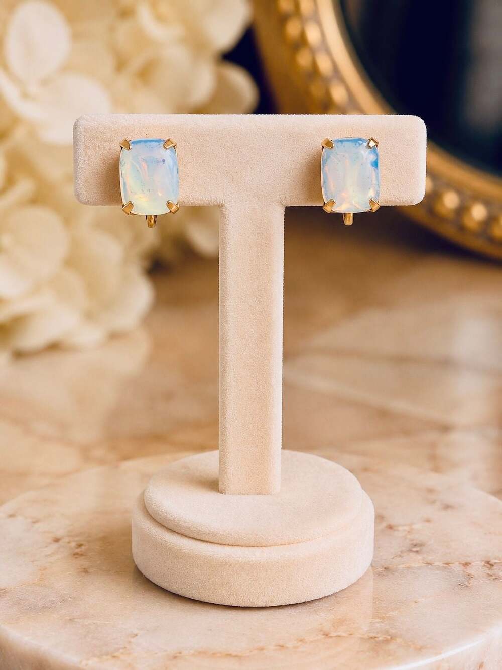 Vintage Opalescent Glass Cabochon Gold Tone Clip-On Earrings Milky Faux Opal
